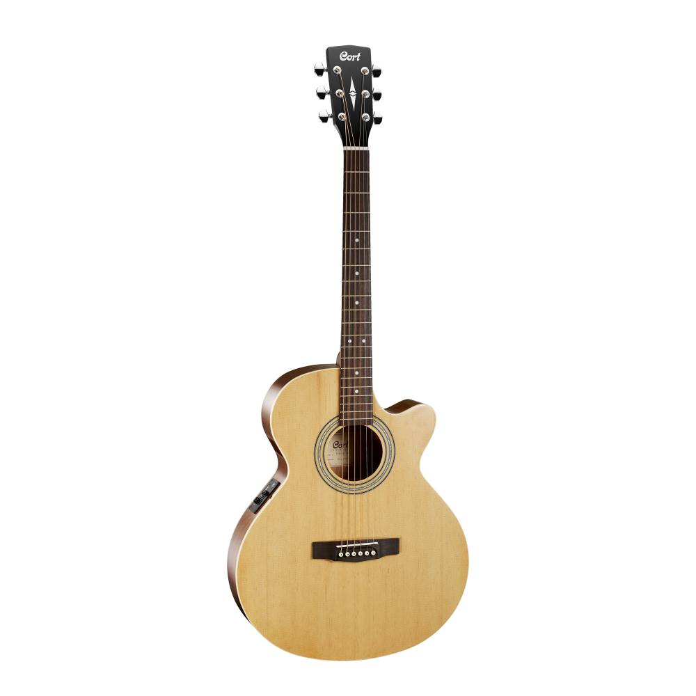 Cort SFX-ME OP cutaway acoustic guitar with open pore finish, showcasing its body, soundhole, and neck detail.