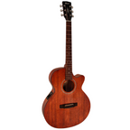 Cort SFX-MEM acoustic electric guitar in mahogany with open pore finish and gig bag, showcasing the guitar's body and neck.