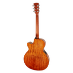 Cort SFX-MEM acoustic electric guitar with mahogany open pore finish and matching gig bag, showcasing its sleek design and wood grain.