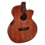 Cort SFX-MEM acoustic electric guitar with mahogany open pore finish, shown with a gig bag on a stand