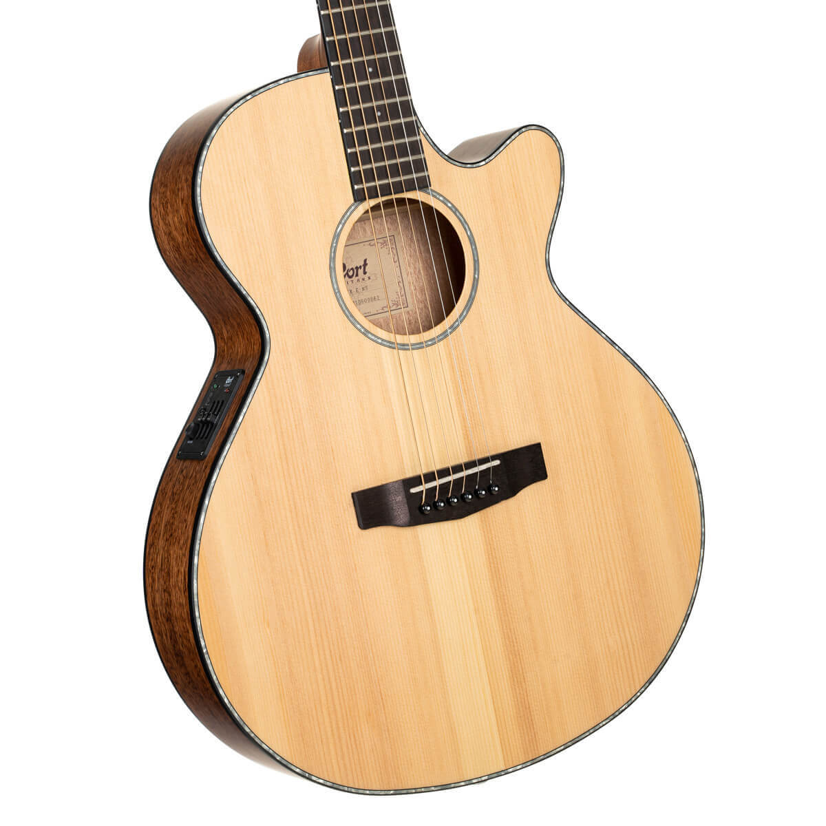 Cort SFX-E NS acoustic guitar in natural satin finish, showcasing its body and neck, ideal for musical performances and practice