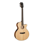 Cort SFX-E NS acoustic guitar in natural satin finish, showcasing its body, neck, and strings in a clear, detailed view.