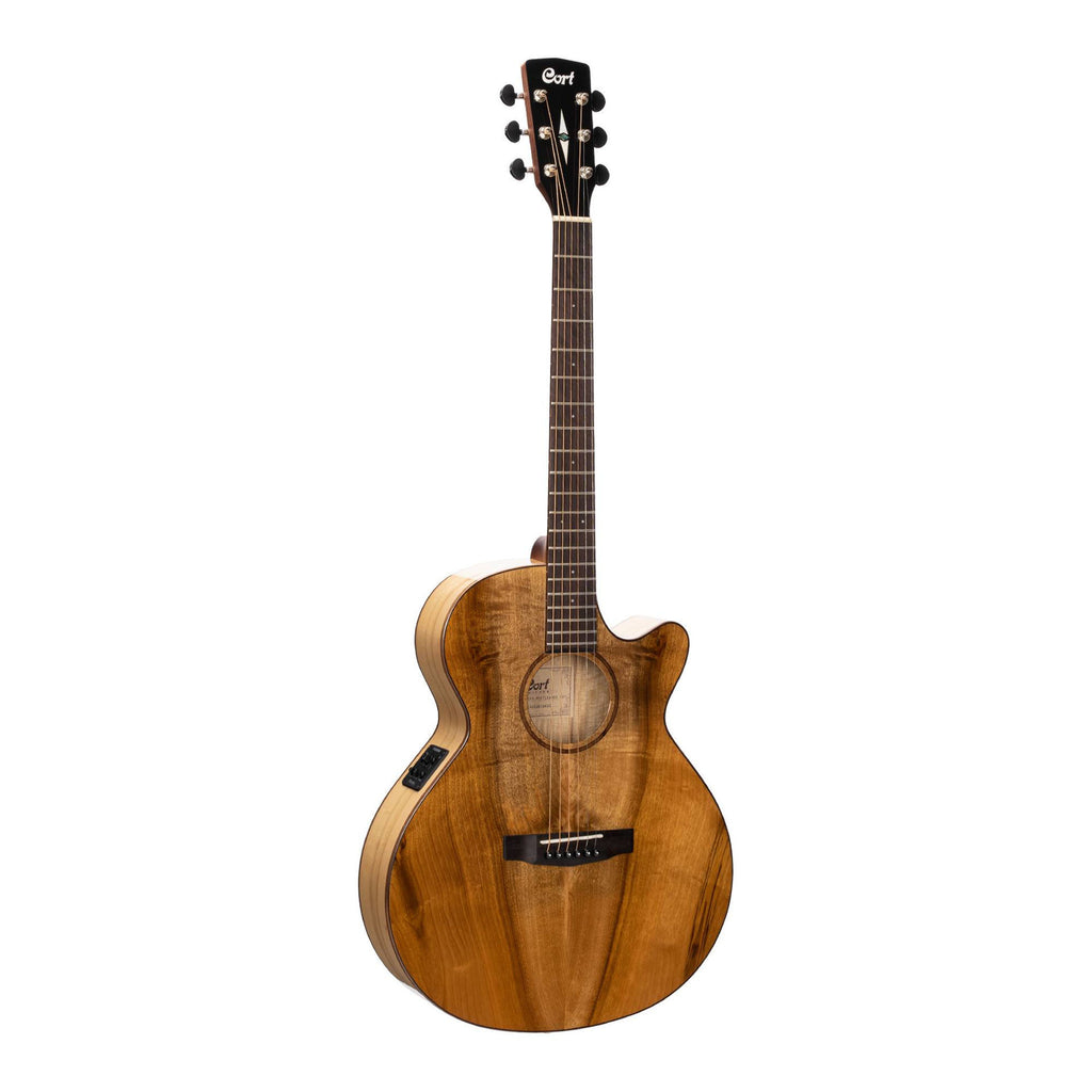 Cort SFX-Myrtlewood acoustic guitar with natural gloss finish, showing its body, neck, and strings in a close-up view.
