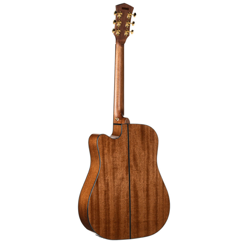 Cort Gold DC-6 dreadnought acoustic guitar with glossy natural finish and soft case, showcasing the guitar's body and neck.