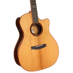 Cort Gold A10 Cocobolo GA acoustic guitar with natural finish and included case, featuring a cutaway body and rosewood fretboard.