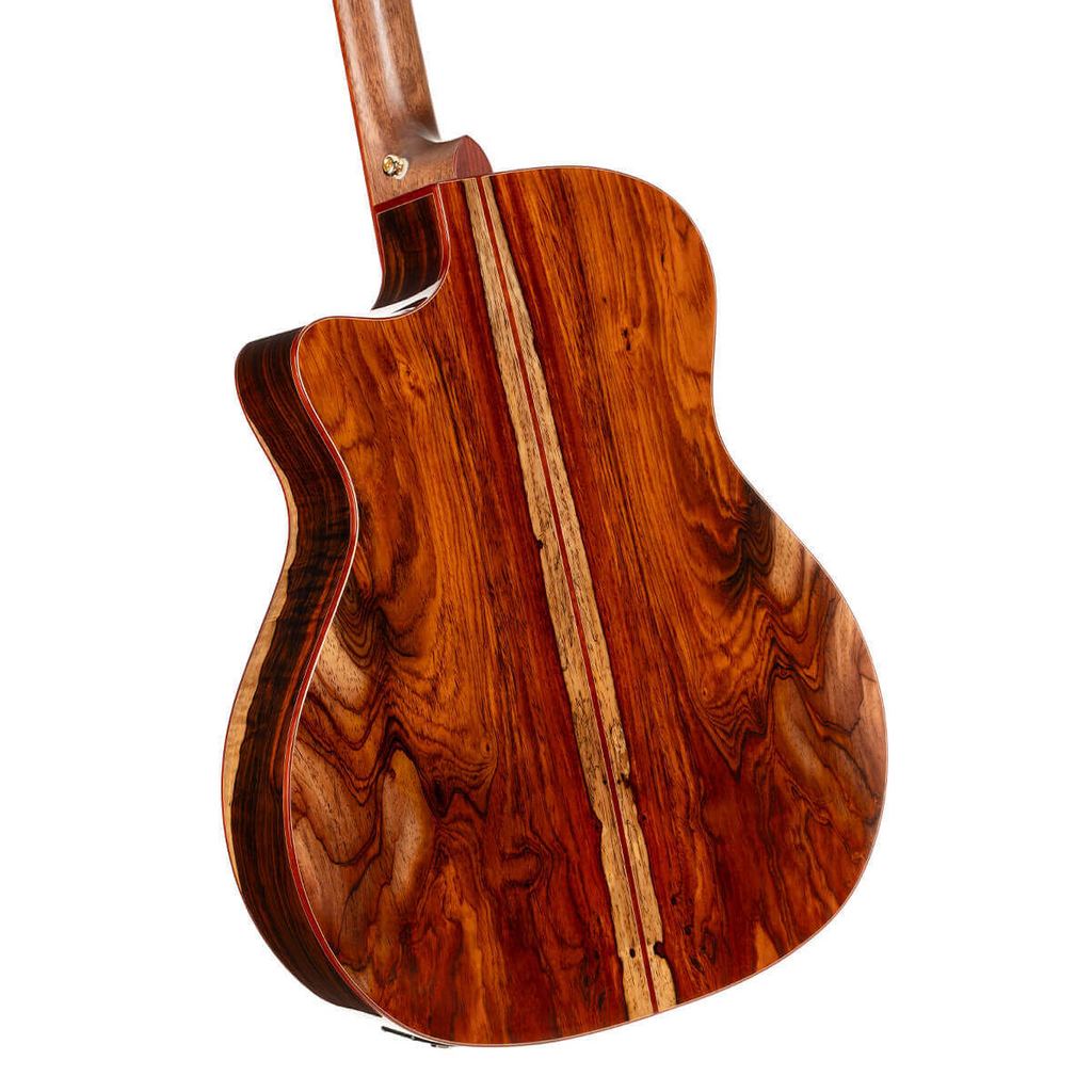Cort Gold A10 Cocobolo GA acoustic guitar with natural finish and included case, showcasing the body and strings.