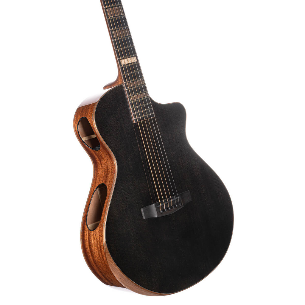 Black Cort Masterpiece Modern LE acoustic guitar with case, showcasing its sleek design and polished wood finish.