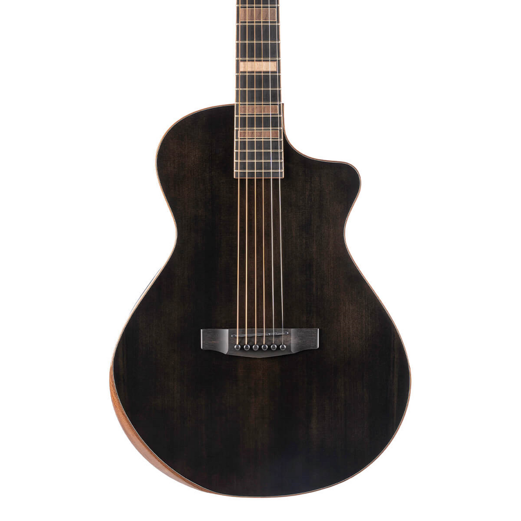 Black Cort Masterpiece Modern LE acoustic guitar with case, showcasing sleek body and modern design, perfect for musicians.