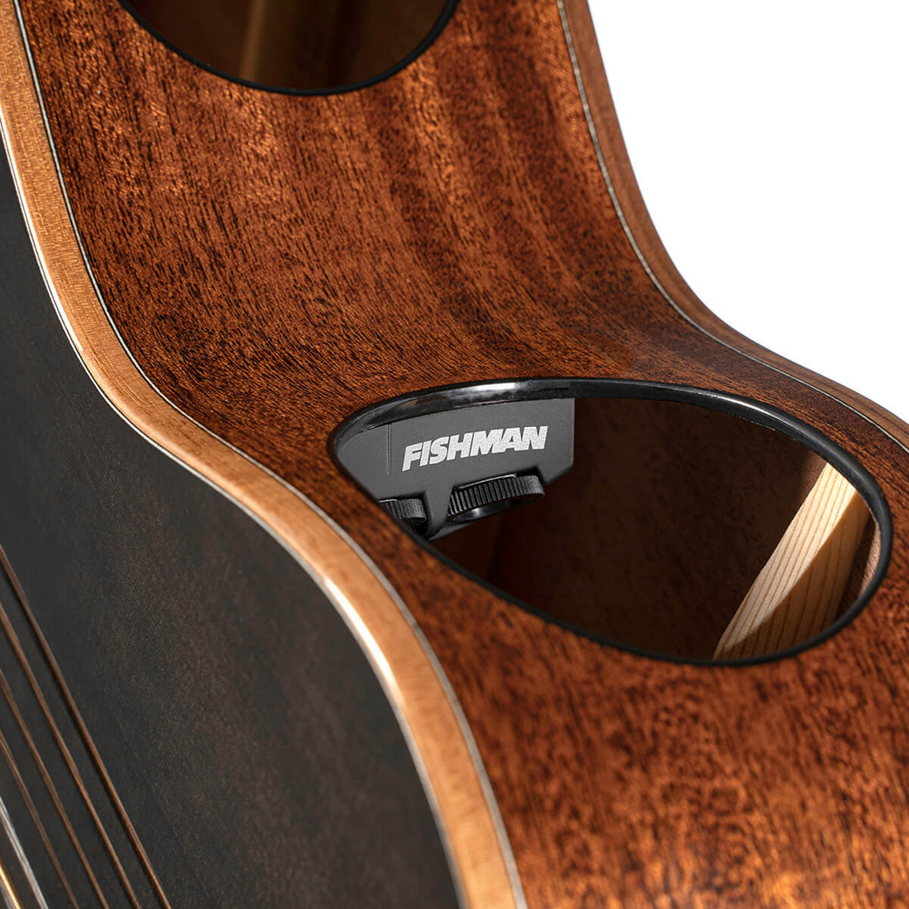 Black Cort Masterpiece Modern LE acoustic guitar with case, showcasing sleek body and neck, ideal for musicians and collectors.