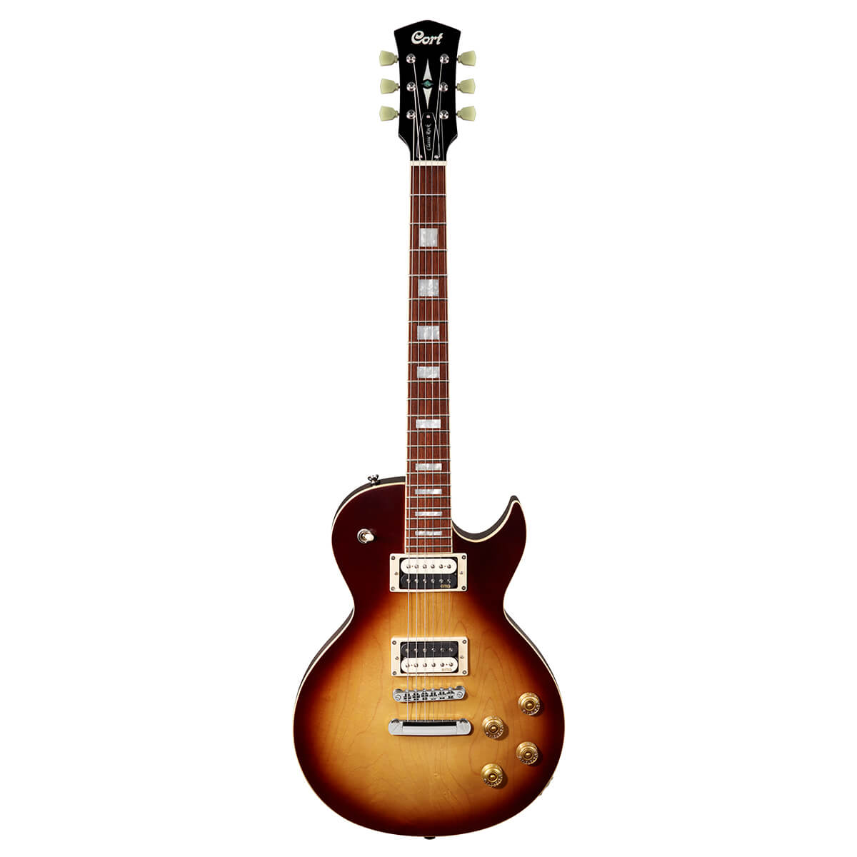 Cort CR300 ATB electric guitar in aged vintage sunburst finish, showcasing its solid body, dual pickups, and chrome hardware.