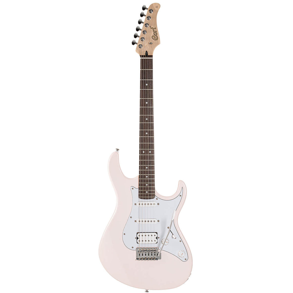 Cort G200 electric guitar in pastel pink with double-cutaway body, maple neck, and chrome hardware, showcased against a neutral background.