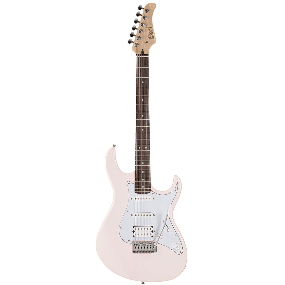 Cort G200 electric guitar in pastel pink with double-cutaway body, maple neck, and chrome hardware, showcased against a neutral background.