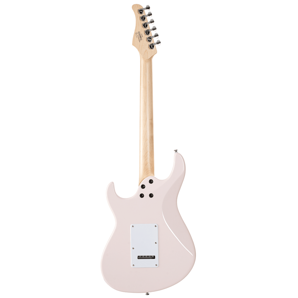 Cort G200 electric guitar in pastel pink with sleek body and six strings, showcasing its modern design and hardware details.