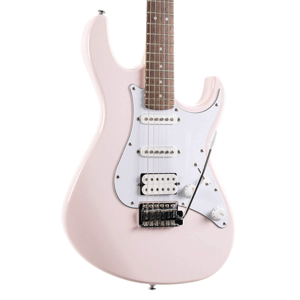Cort G200 electric guitar in pastel pink with double-cutaway body and chrome hardware, shown from front perspective.