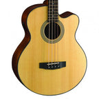 Cort SJB5F 4-string acoustic bass guitar in satin natural finish, showcasing the body and neck design.