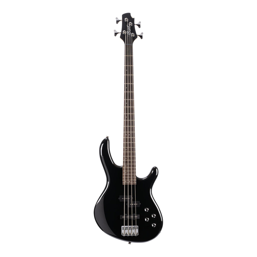 Cort Action Plus 4-string bass guitar with gloss black finish, showing the body, neck, and strings.