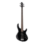 Cort Action Plus 4-string bass guitar with gloss black finish, showing the body, neck, and strings.