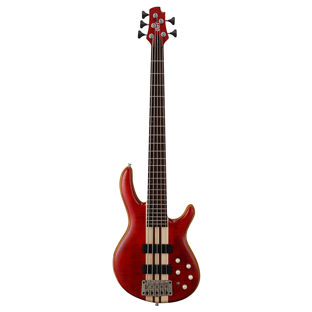 Cort Artisan Series A5 Plus FMMH electric bass guitar in open pore black cherry finish, showing the body, neck, and hardware.