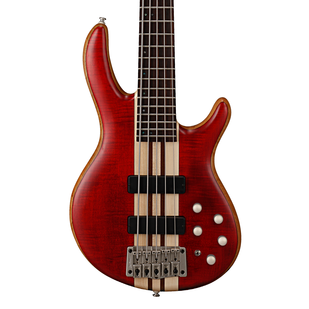 Cort Artisan Series A5 Plus FMMH electric bass guitar in open pore black cherry finish with black hardware and sleek body shape.