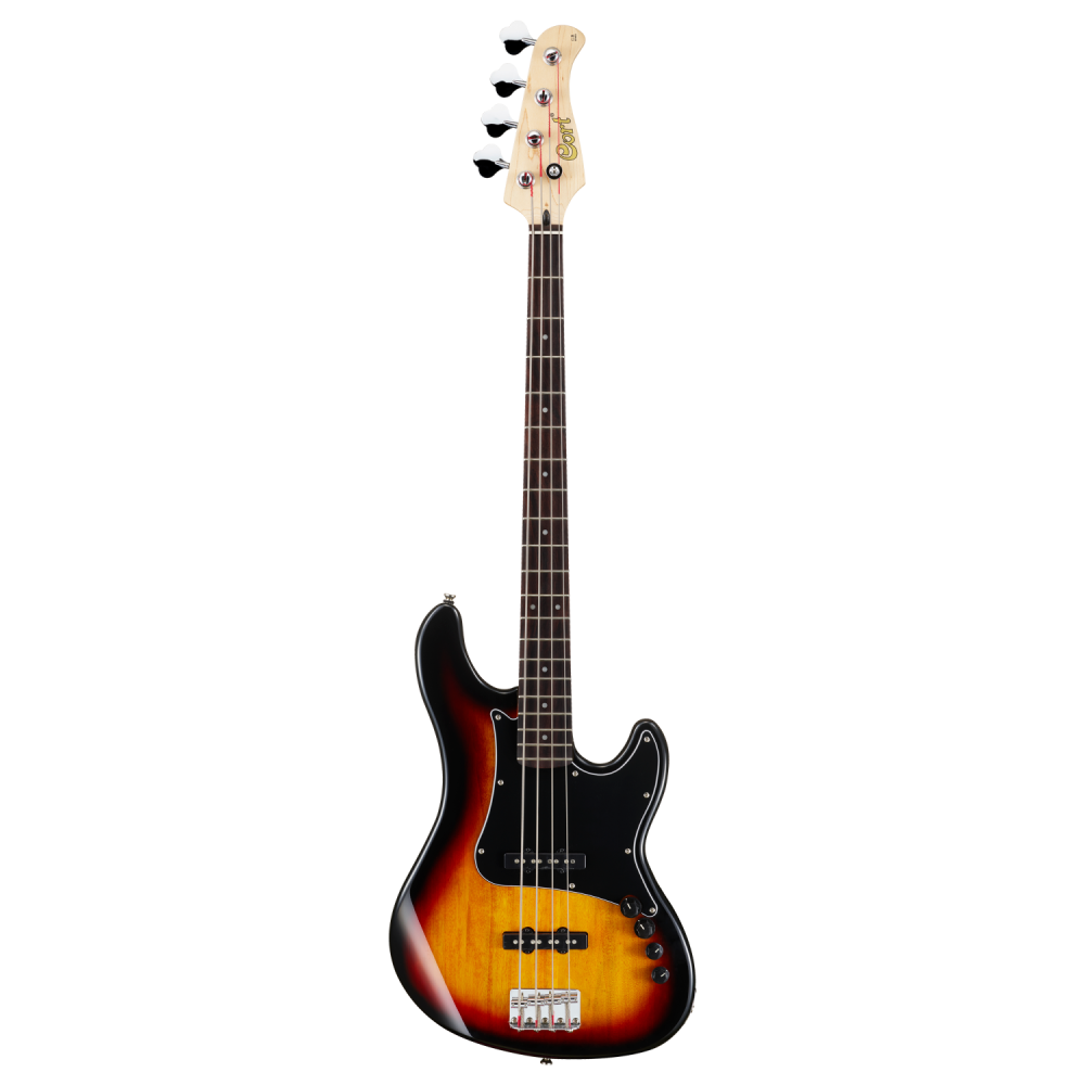 Cort GB34JJ 4-string bass guitar in vintage sunburst finish with maple neck and black pickguard, displayed on a stand.
