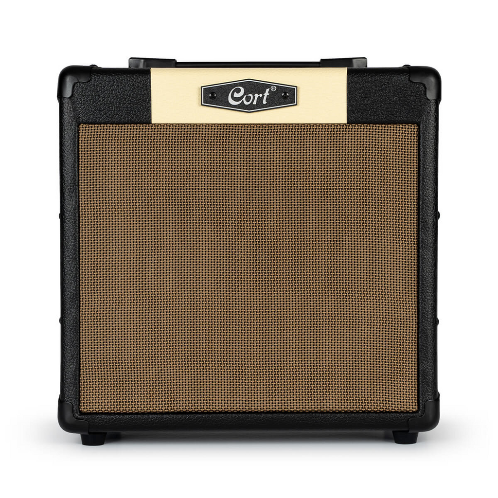 Cort CM15R PG 15W black guitar combo amplifier with control knobs and speaker grille for electric guitar playing