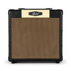 Cort CM15R PG 15W black guitar combo amplifier with control knobs and speaker grille for electric guitar playing