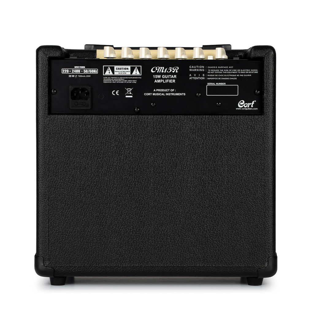 Black Cort CM15R PG 15W guitar combo amplifier with control knobs and speaker grille, ideal for practice and practice sessions.
