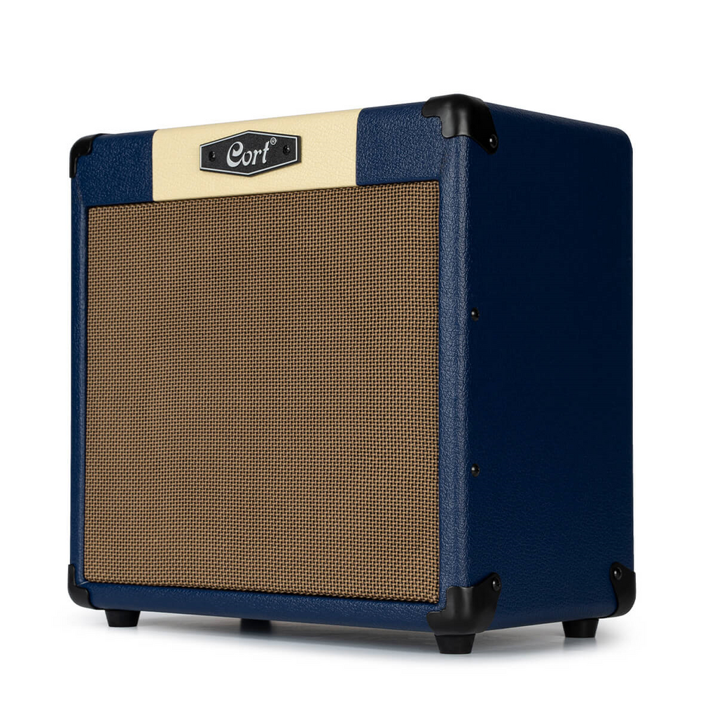 Dark blue Cort CM15R PG 15W guitar combo amplifier with control knobs and speaker grille, designed for electric guitar practice.