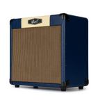 Dark blue Cort CM15R PG 15W guitar combo amplifier with control knobs and speaker grille, designed for electric guitar practice.