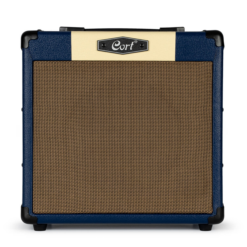Cort CM15R PG 15W guitar combo amplifier in dark blue with control knobs and speaker grille, designed for electric guitar sound.
