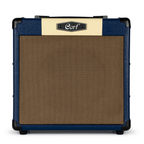 Cort CM15R PG 15W guitar combo amplifier in dark blue with control knobs and speaker grille, designed for electric guitar sound.