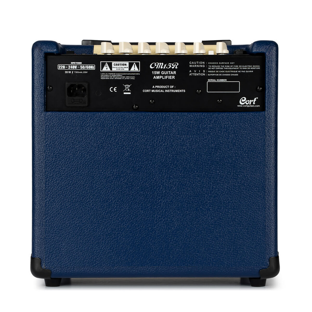 Cort CM15R PG 15W guitar combo amplifier in dark blue with control knobs and speaker grille, suitable for practice and small performances.