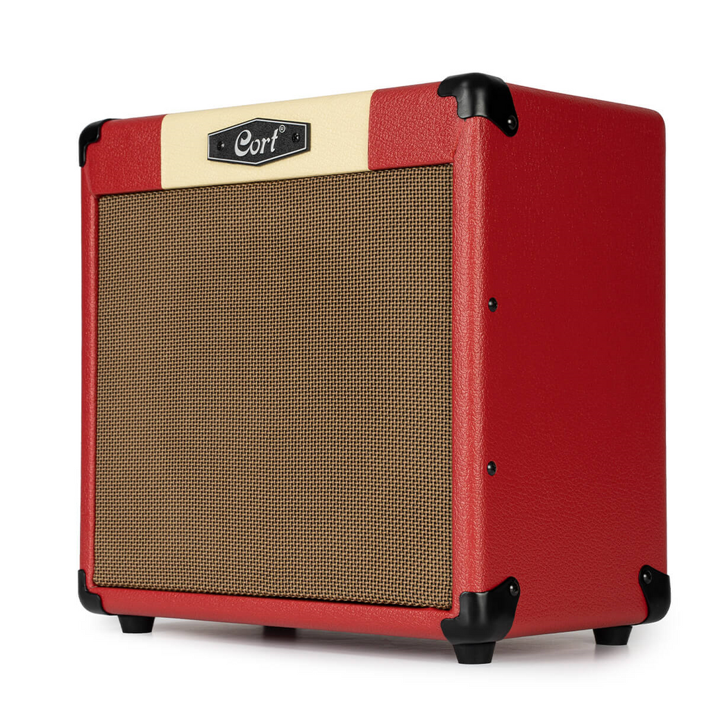 Dark red Cort CM15R PG 15W guitar combo amplifier with control knobs and speaker grille, ideal for practice and small performances.