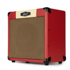 Dark red Cort CM15R PG 15W guitar combo amplifier with control knobs and speaker grille, ideal for practice and small performances.