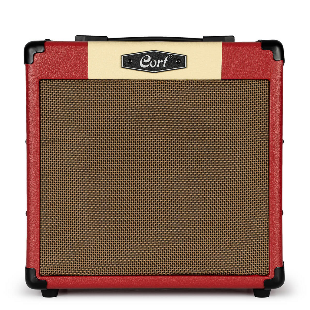 Cort CM15R PG 15W guitar combo amplifier in dark red with control knobs and speaker grille visible.