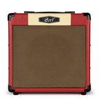 Cort CM15R PG 15W guitar combo amplifier in dark red with control knobs and speaker grille visible.