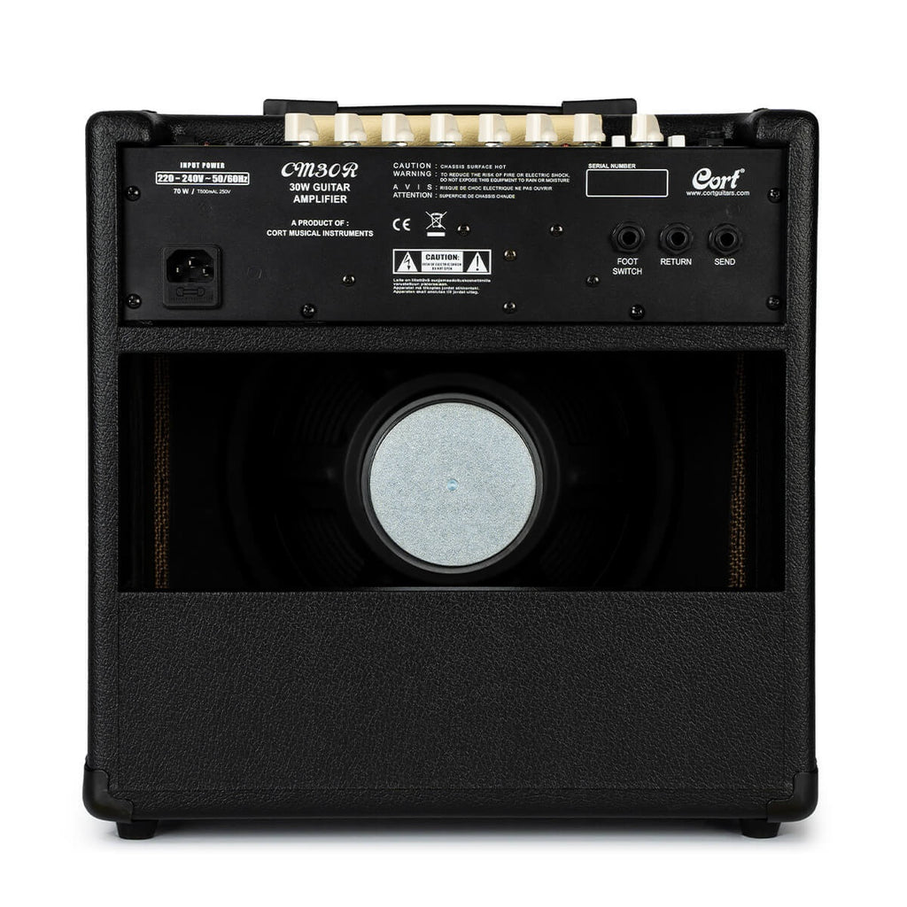 Cort CM30R black guitar combo amplifier with Bluetooth connectivity, compact design, and control knobs for tone adjustment.