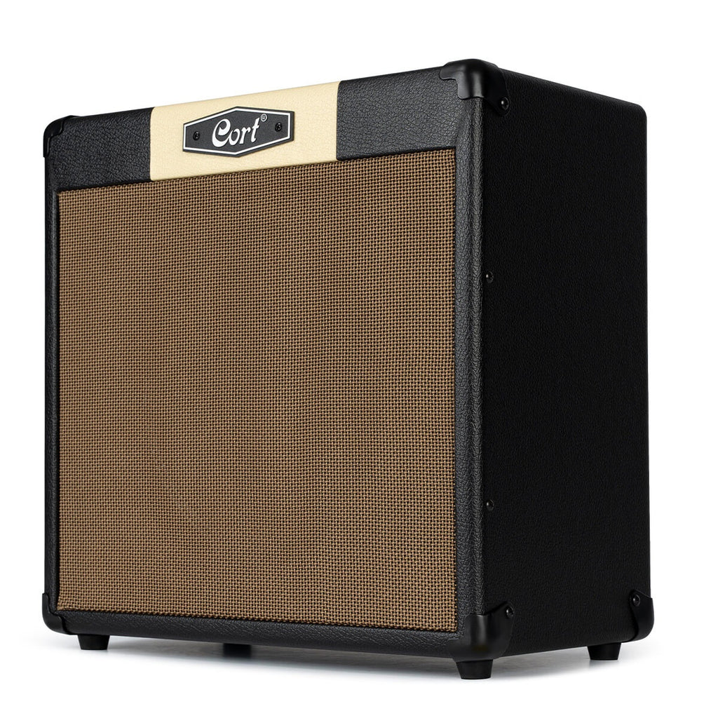 Cort CM30R black guitar combo amplifier with Bluetooth connection, compact design, and control panel with knobs.