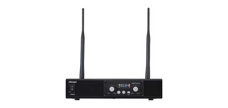Okayo C7281A dual channel UHF wireless audio link receiver with antenna, showing frequency range 520-544MHz.