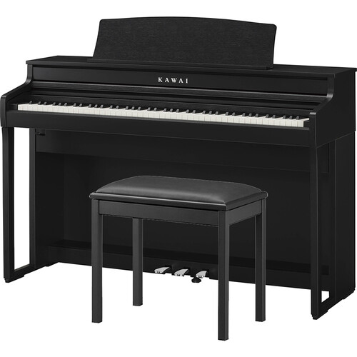 Kawai CA401 digital piano with matching ebony satin bench, featuring sleek design and full-sized keyboard for home music practice