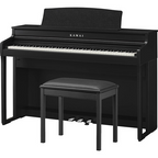 Kawai CA401 digital piano with matching ebony satin bench, featuring sleek design and full-sized keyboard for home music practice