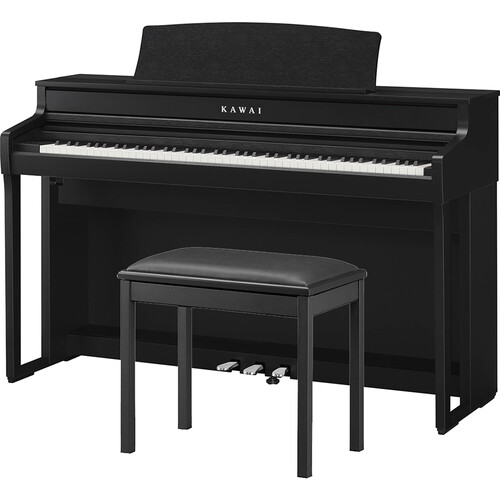Kawai CA501 digital piano with matching ebony satin bench, featuring sleek design and full keyboard keys.