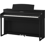 Kawai CA501 digital piano with matching ebony satin bench, showcasing the sleek console and keyboard keys.