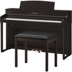Kawai CA501 digital piano in rosewood finish with matching bench, showcasing sleek design and keyboard keys.