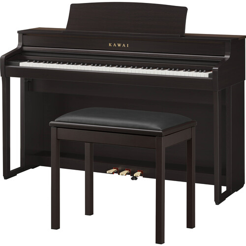 Kawai CA501 digital piano in rosewood finish with matching bench, showcasing sleek design and keyboard keys.