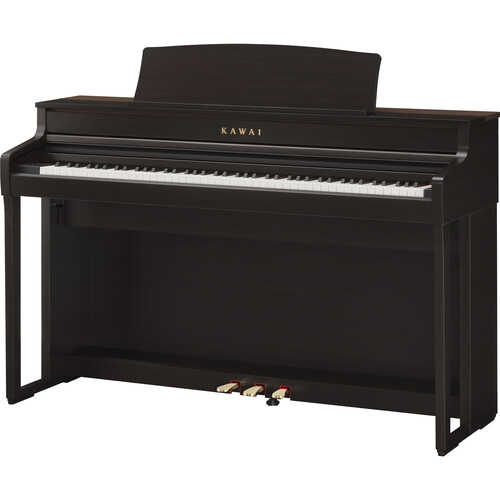 Kawai CA501 digital piano with matching rosewood bench, featuring a sleek design and full keyboard in a modern home setting.