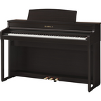 Kawai CA501 digital piano with matching rosewood bench, featuring a sleek design and full keyboard in a modern home setting.