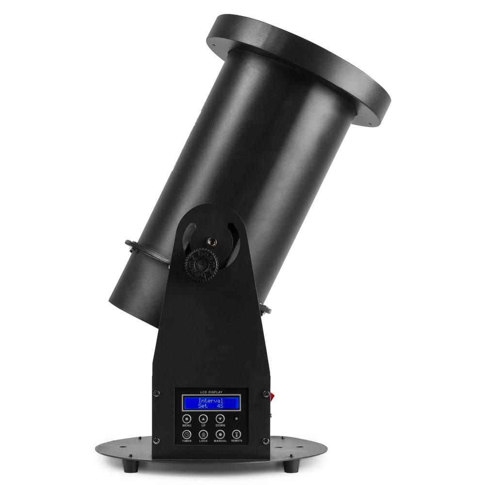 Beamz Pro CC1200 confetti canon for atmospheric effects, shown in a sleek black design with control panel and nozzle.
