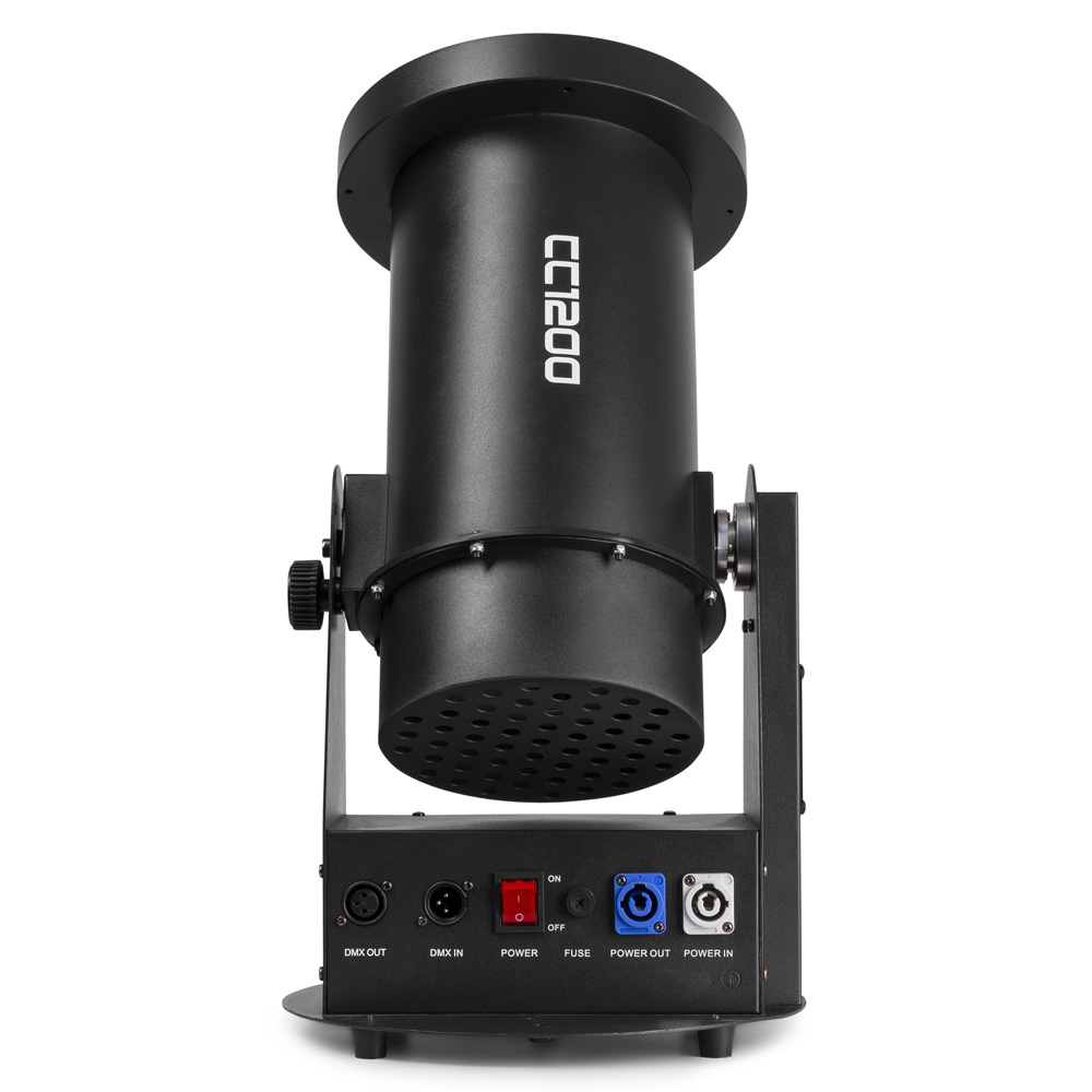 Beamz Pro CC1200 confetti canon for atmospheric effects, shown with colorful confetti ready for event decoration.