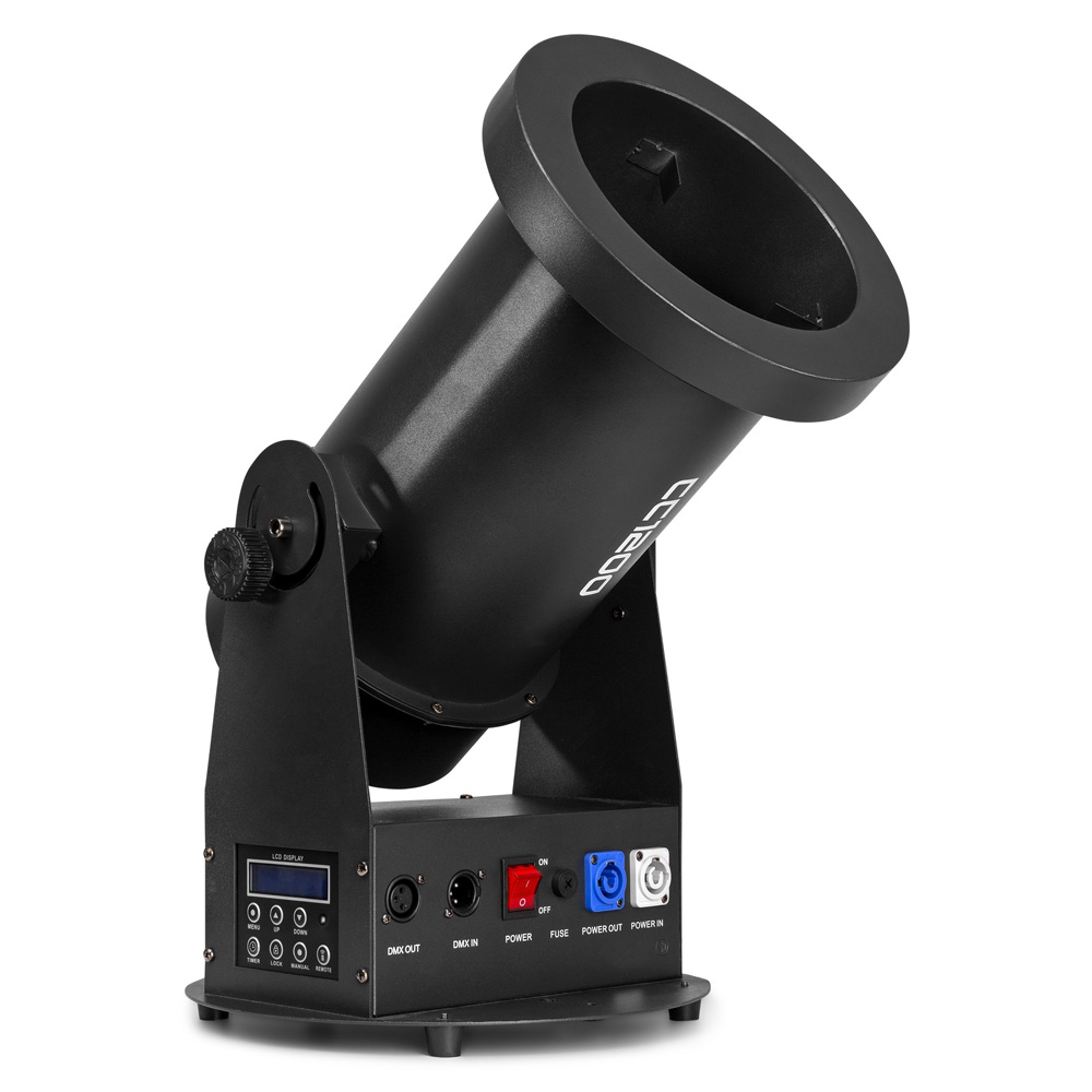 Beamz Pro CC1200 confetti canon for atmospheric effects, shown with colorful confetti ready for event decoration.